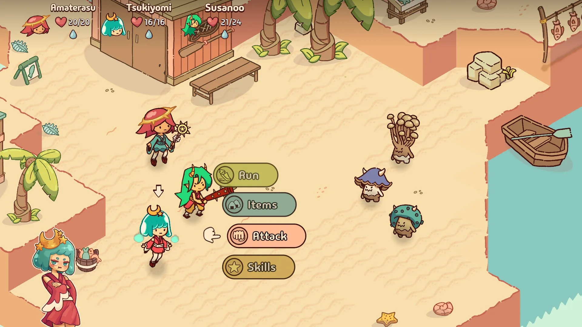 Turn-based beach battle: Amaterasu, Tsukuyomi, and Susanoo face enemies with the action menu open.