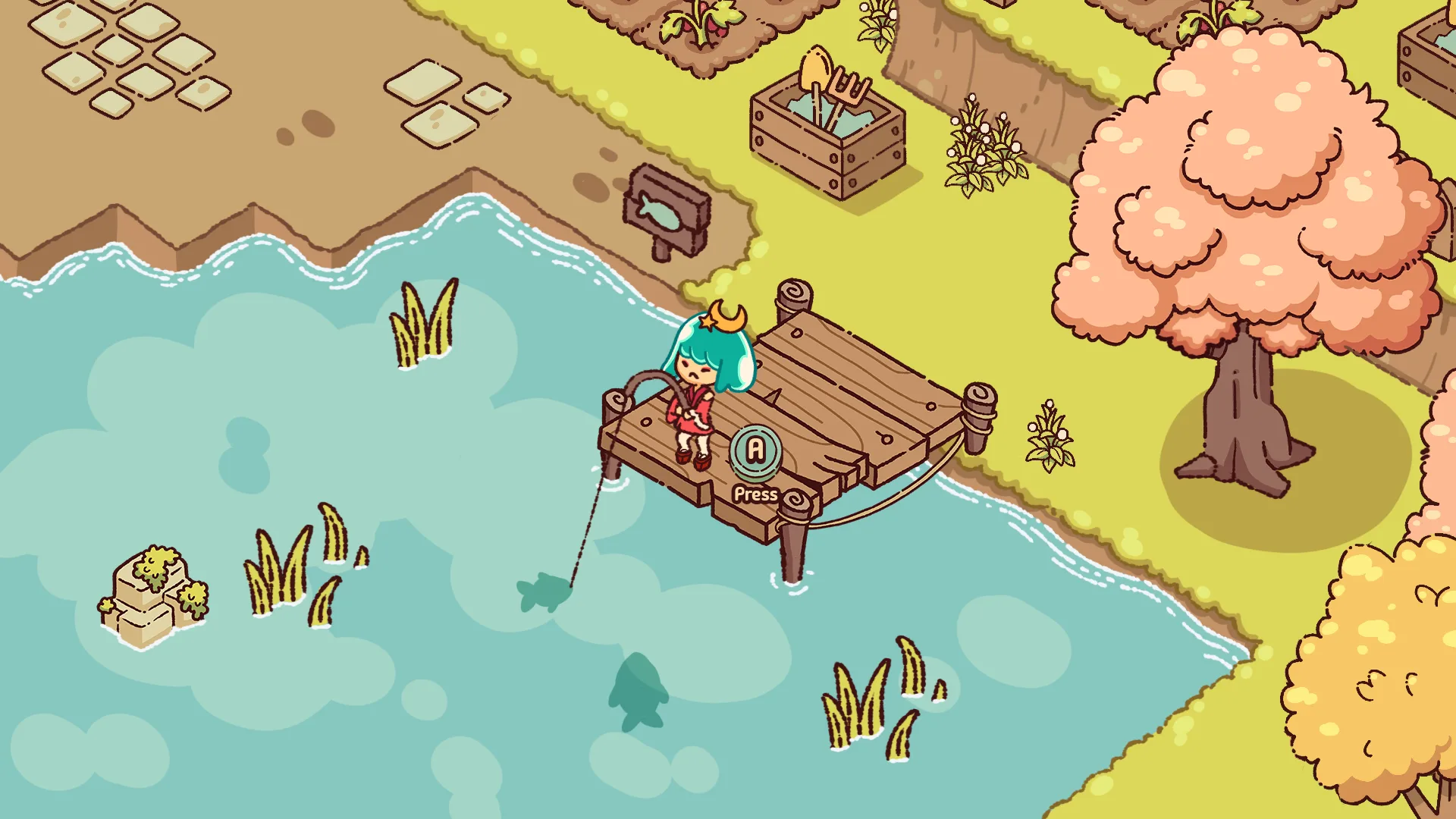 A hero fishing from a wooden dock beside an autumn tree at the water's edge.