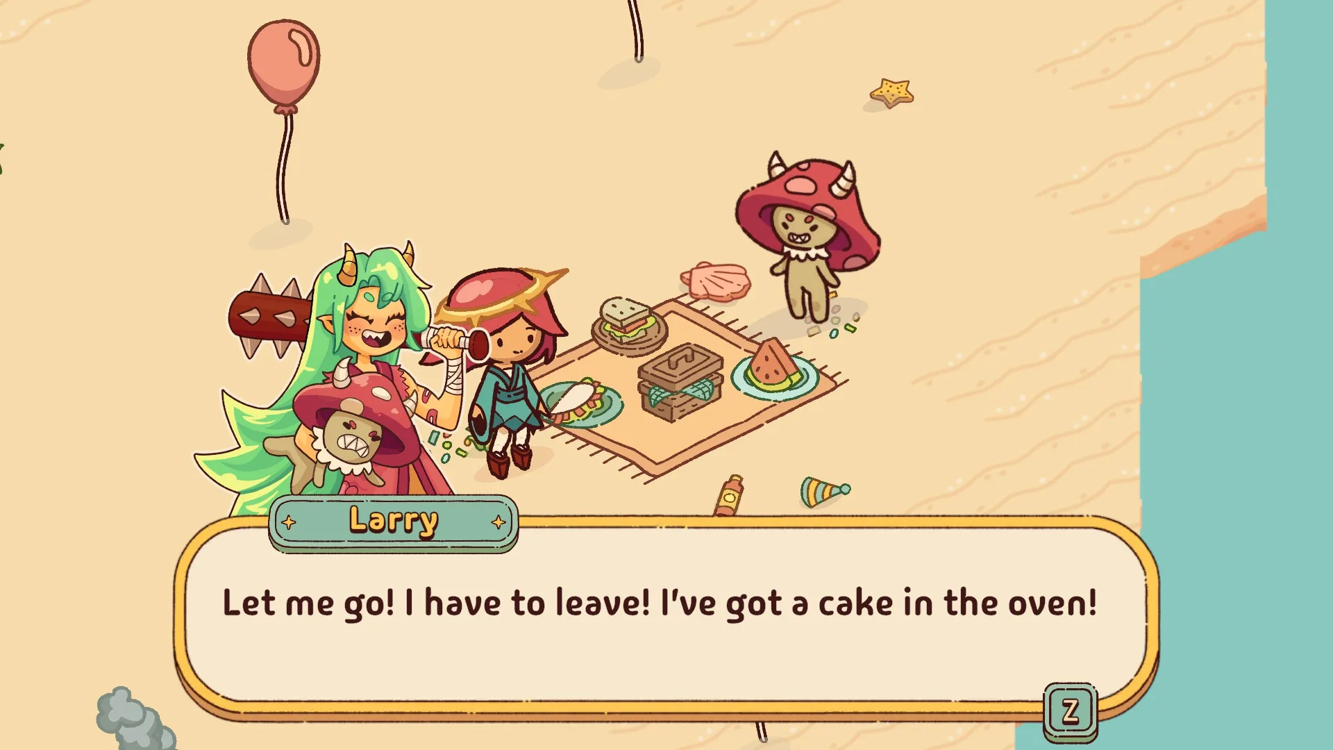 Characters gathered on a picnic blanket on the beach during a conversation.