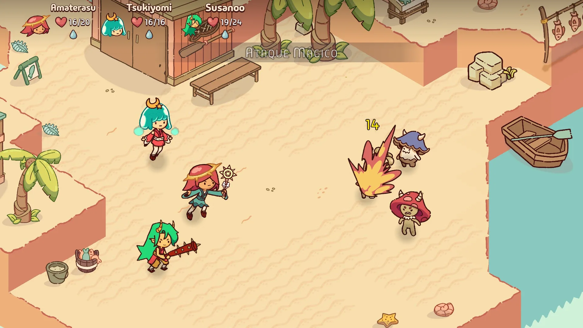 A turn-based battle with a fiery skill striking an enemy, party health shown above.