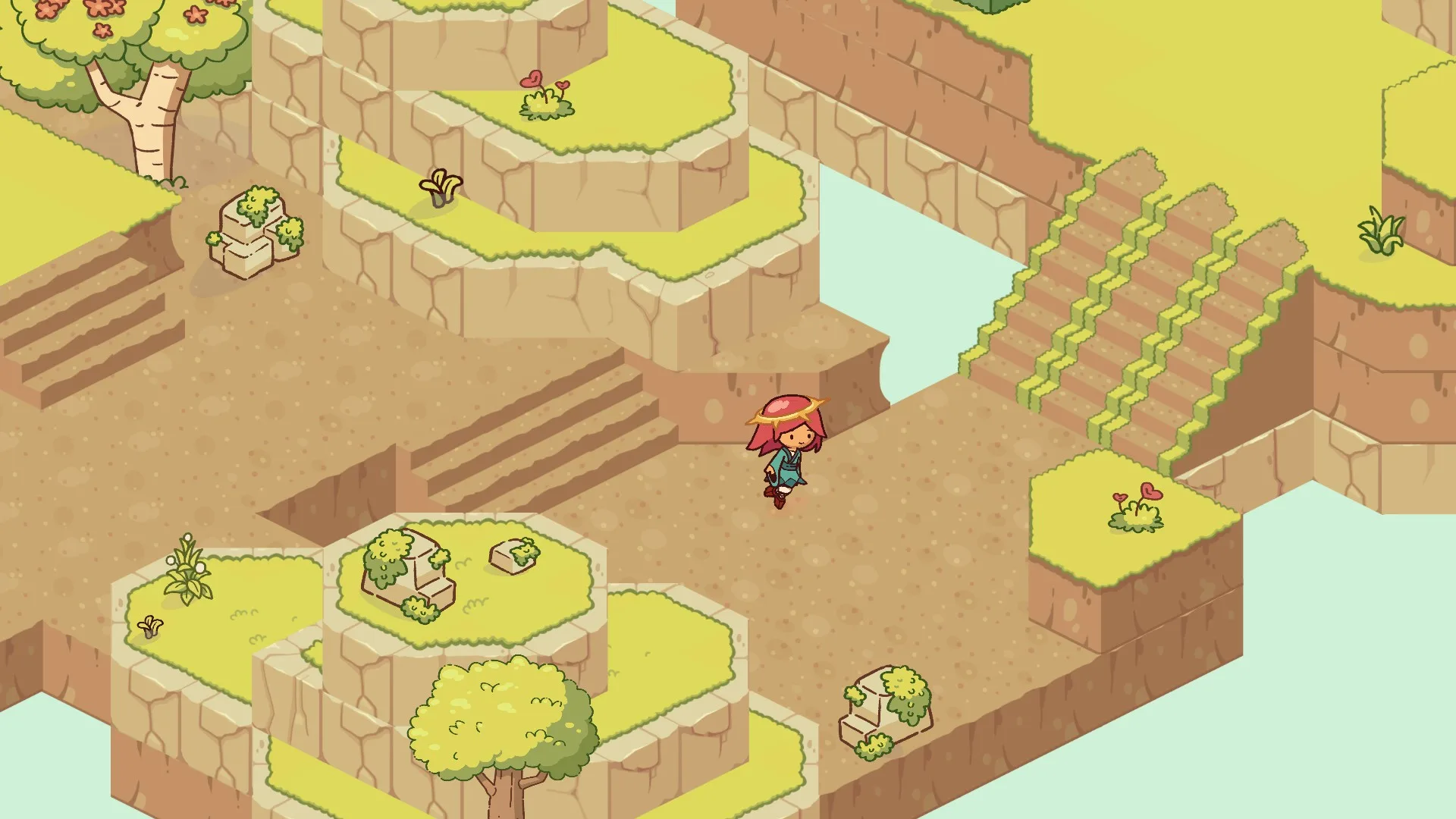 Exploring the island's terraced cliffs and pathways from a top-down view.
