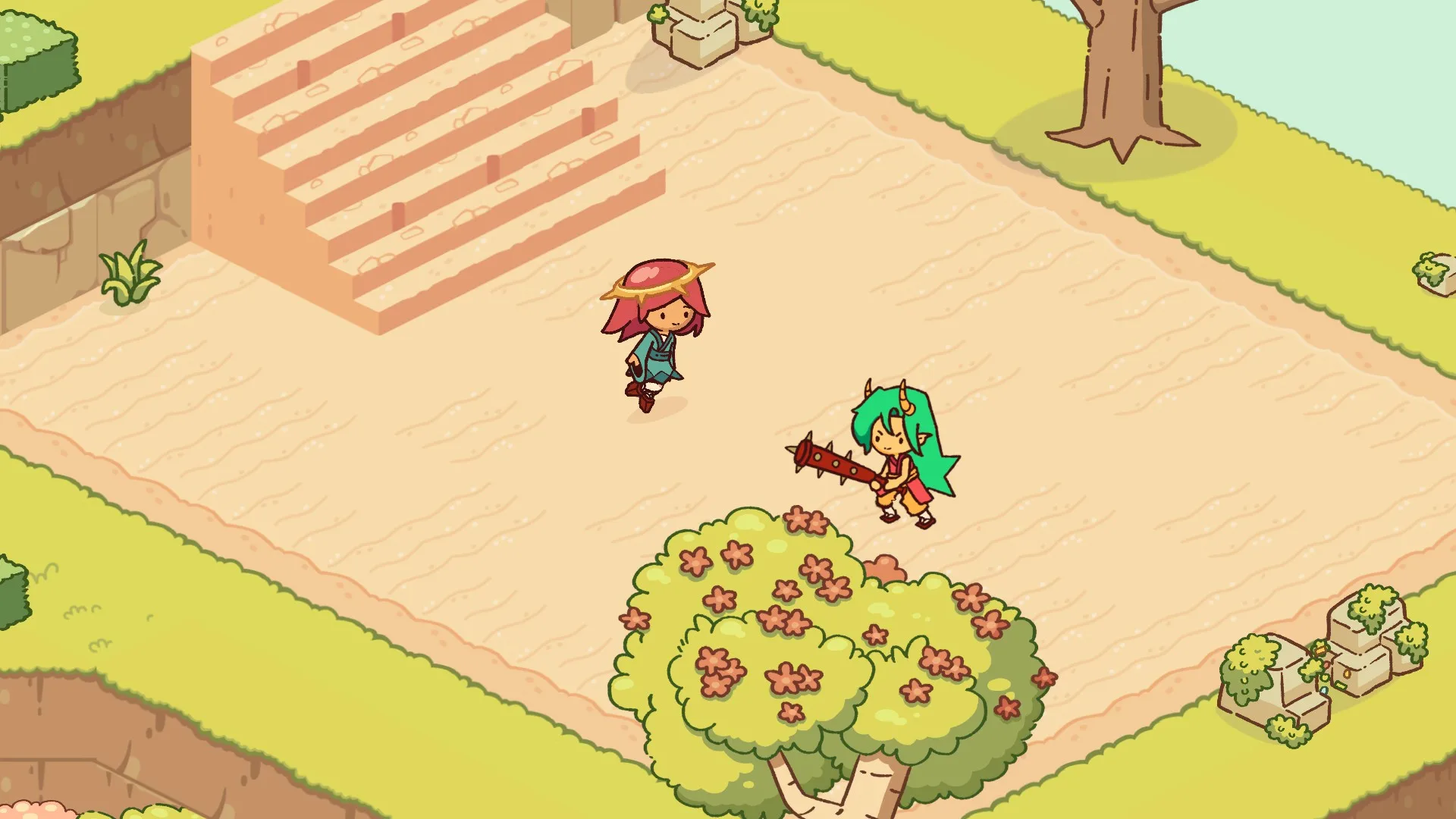 Two characters crossing a grassy plateau beside a flowering tree.